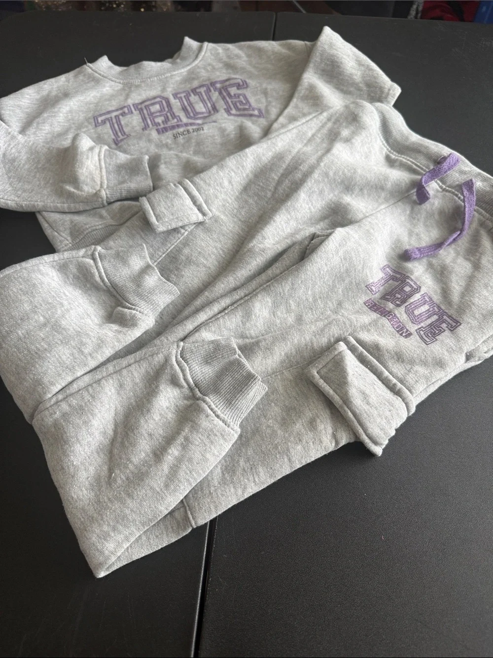 True Religion Kids Gray Sweatshirt and Sweatpants Set with Purple Logo